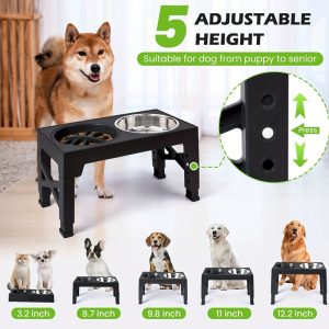 ShopCatDog Elevate+ 5-Height Adjustable Double Dog Bowl with Slow-Feeder, 40oz Stainless Inserts