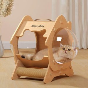 MamyPets Acrylic Capsule Cat House with Scratching Roller – Transparent Pod Cat Bed for Indoor Cats up to 10kg