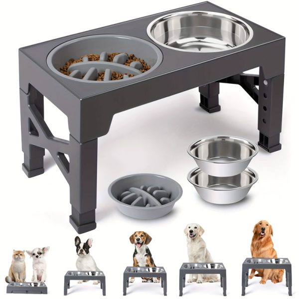 ShopCatDog Elevate+ 5-Height Adjustable Double Dog Bowl with Slow-Feeder, 40oz Stainless Inserts