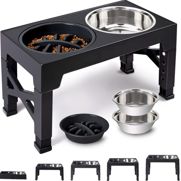 ShopCatDog Elevate+ 5-Height Adjustable Double Dog Bowl with Slow-Feeder, 40oz Stainless Inserts